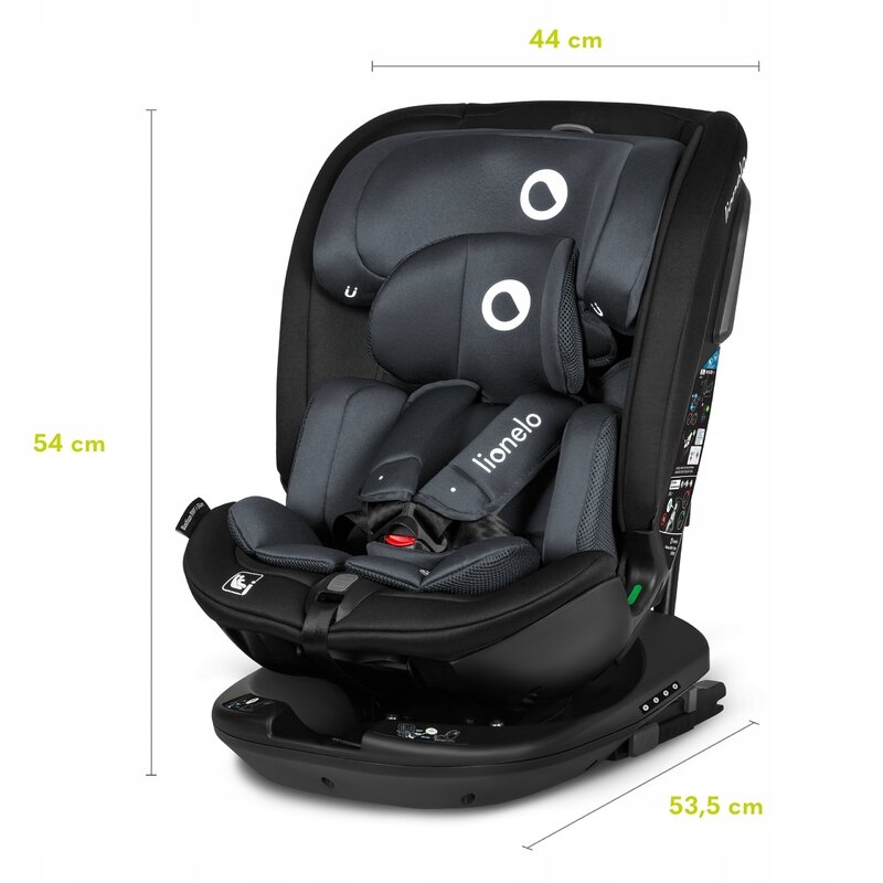 Lionelo - Scaun auto Bastiaan RWF i-Size, Pozitie de somn, Protectie laterala, Rotire 360 grade, 0-36 Kg, Cu Isofix si Centura Top Tether, Conform cu standardul european de securitate ECE R129, Gri