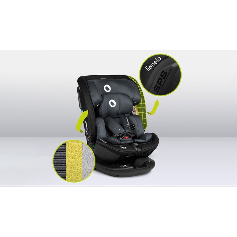 Lionelo - Scaun auto Bastiaan RWF i-Size, Pozitie de somn, Protectie laterala, Rotire 360 grade, 0-36 Kg, Cu Isofix si Centura Top Tether, Conform cu standardul european de securitate ECE R129, Gri
