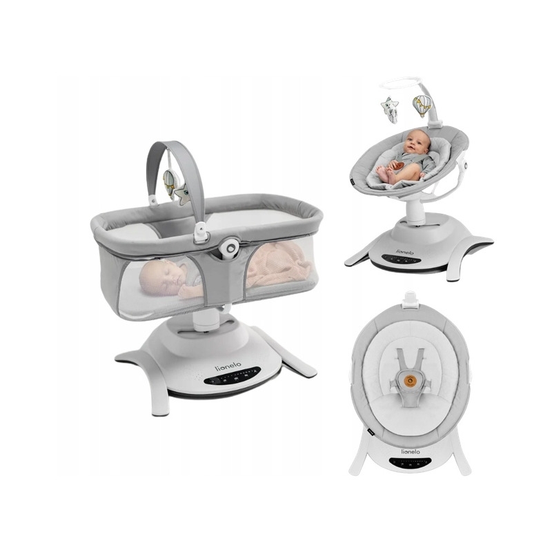 Lionelo - Set 2 in 1, Balansoar si landou Bella, Rotative 360, Ecran tactil si telecomanda, Electric, Scaun reglabil, 6 miscari unice, 5 viteze, Cu melodii, Gri