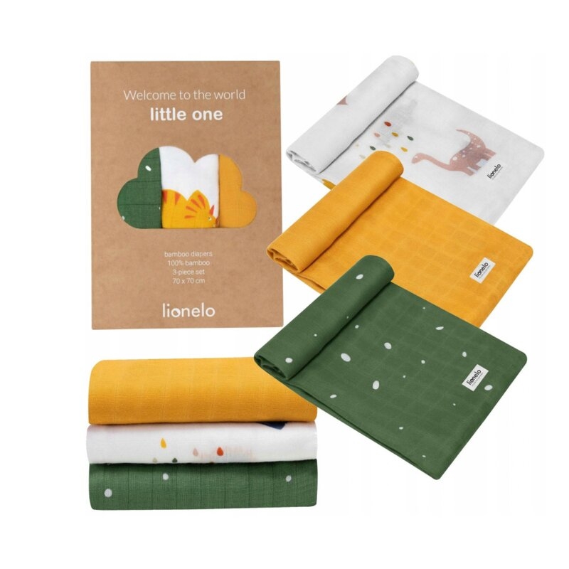 Lionelo - Set 3 scutece multifunctionale Dino, Din Bambus, 70x70 cm, Multicolor