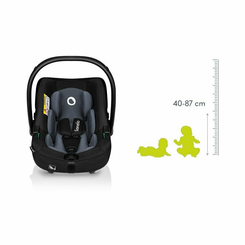 Lionelo - Soica auto i-Size Astrid, Include baza Isofix, 0-13 Kg, 40-87 cm, Cu maner si capotina reglabile, Cu protectie laterala avansata, Salteluta confortabila , Conform cu R129, Negru/Gri