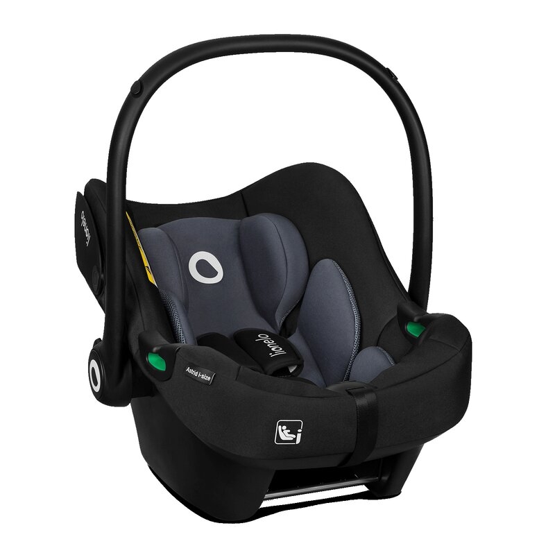 Lionelo - Soica auto i-Size Astrid, Include baza Isofix, 0-13 Kg, 40-87 cm, Cu maner si capotina reglabile, Cu protectie laterala avansata, Salteluta confortabila , Conform cu R129, Negru/Gri