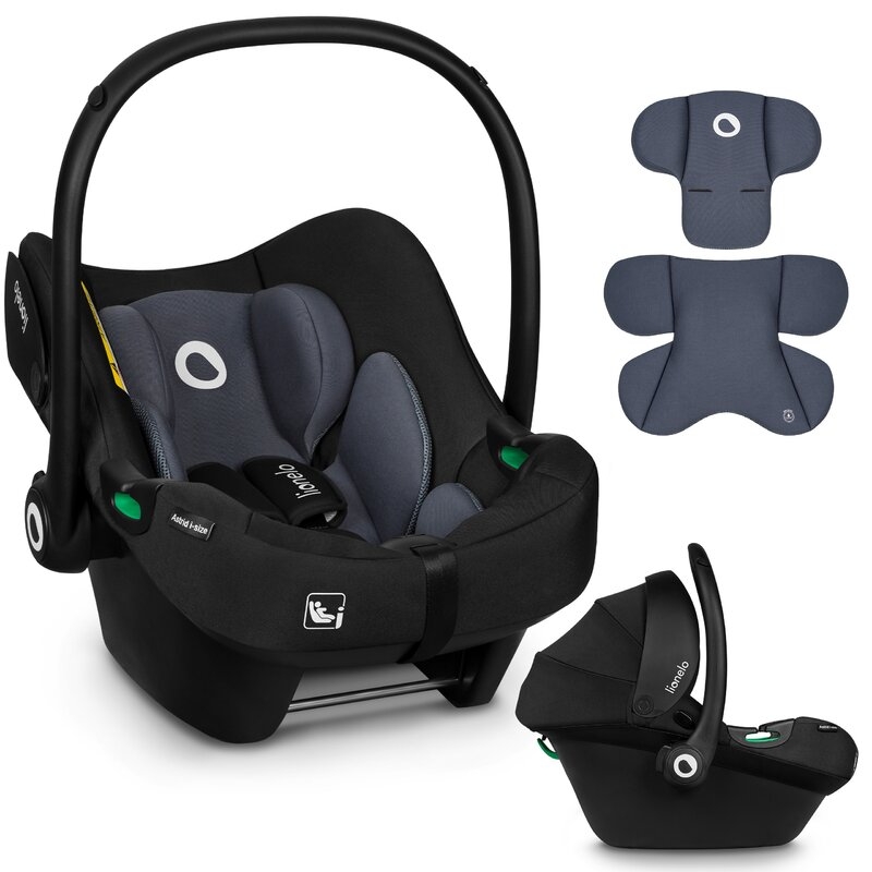 Lionelo - Soica auto i-Size Astrid, Include baza Isofix, 0-13 Kg, 40-87 cm, Cu maner si capotina reglabile, Cu protectie laterala avansata, Salteluta confortabila , Conform cu R129, Negru/Gri
