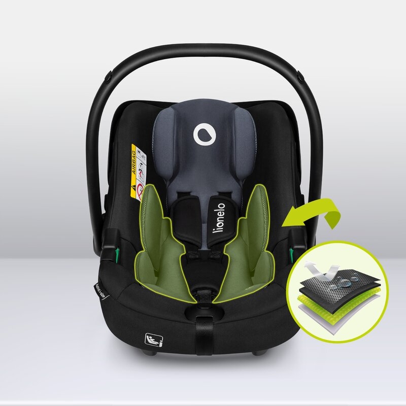 Lionelo - Soica auto i-Size Astrid, Include baza Isofix, 0-13 Kg, 40-87 cm, Cu maner si capotina reglabile, Cu protectie laterala avansata, Salteluta confortabila , Conform cu R129, Negru/Gri