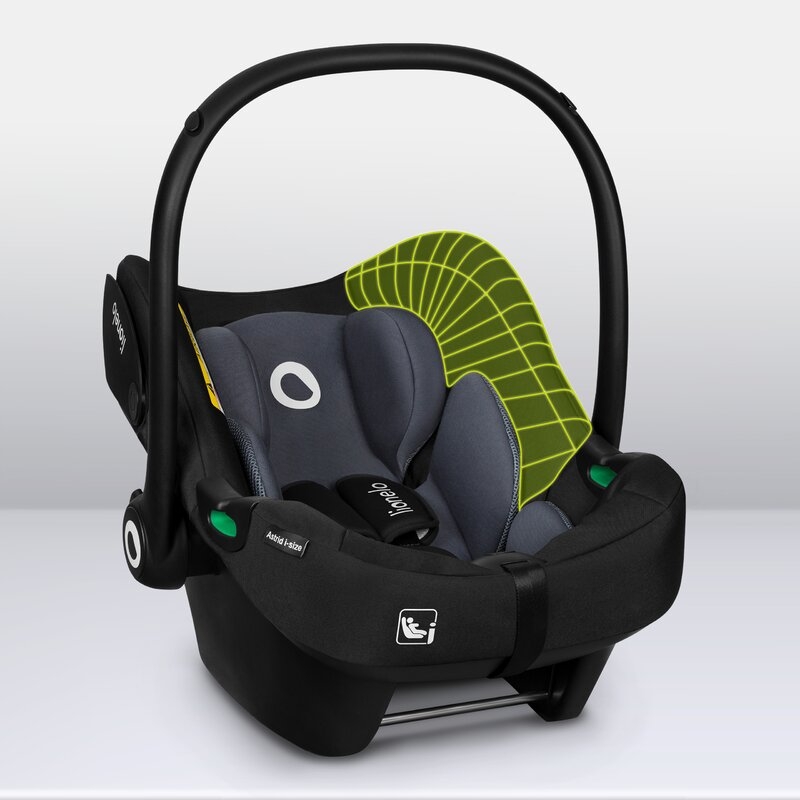 Lionelo - Soica auto i-Size Astrid, Include baza Isofix, 0-13 Kg, 40-87 cm, Cu maner si capotina reglabile, Cu protectie laterala avansata, Salteluta confortabila , Conform cu R129, Negru/Gri
