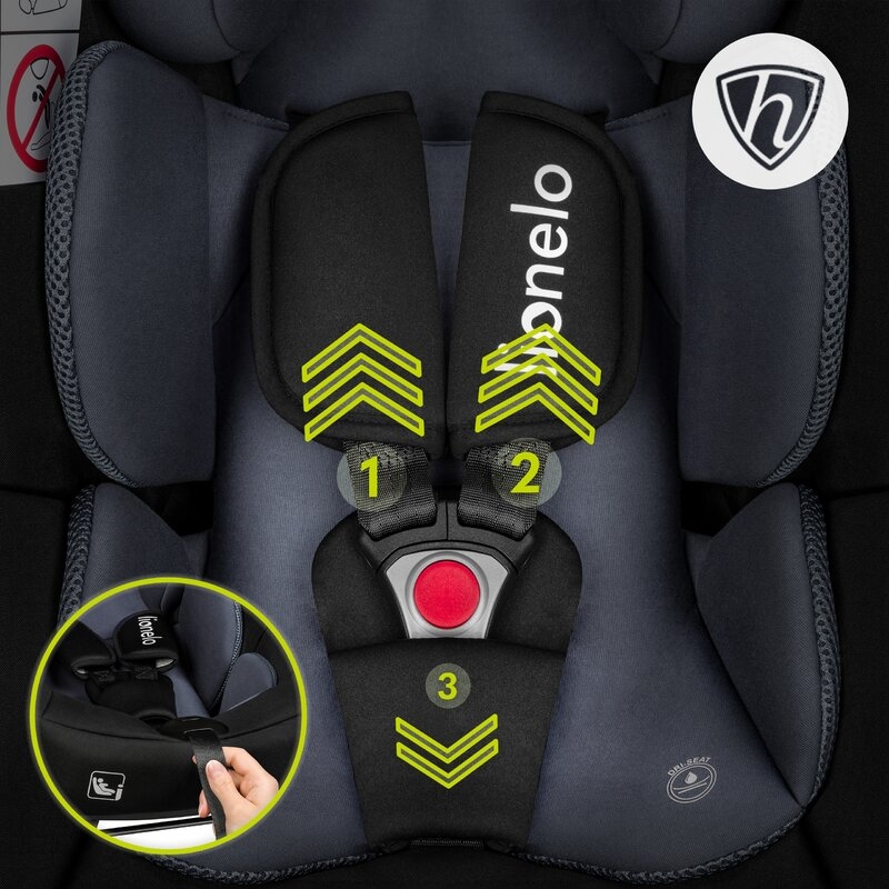 Lionelo - Soica auto i-Size Astrid, Include baza Isofix, 0-13 Kg, 40-87 cm, Cu maner si capotina reglabile, Cu protectie laterala avansata, Salteluta confortabila , Conform cu R129, Negru/Gri