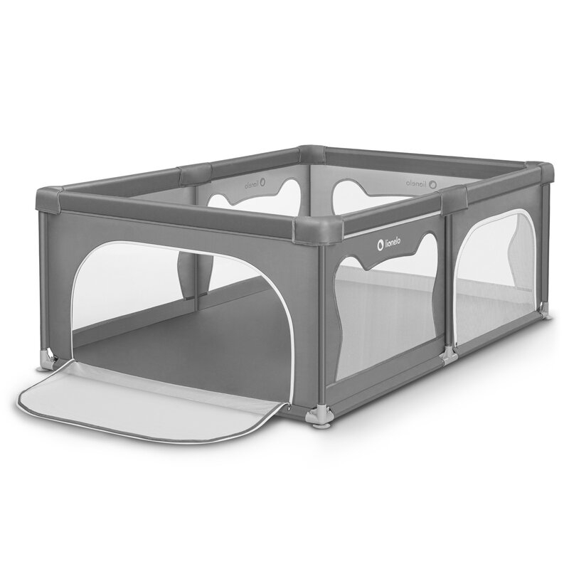 Lionelo - Tarc de joaca Willow, Pliere compacta, Include sacosa depozitare, Din plasa, Cu doua intrari laterale, Cu fermoar, Cu ventuze, Gri