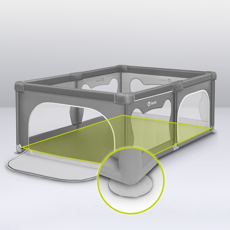Lionelo - Tarc de joaca Willow, Pliere compacta, Include sacosa depozitare, Din plasa, Cu doua intrari laterale, Cu fermoar, Cu ventuze, Gri