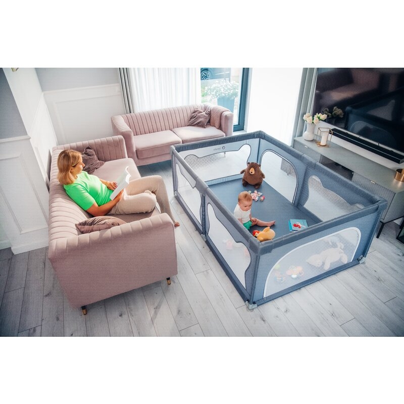 Lionelo - Tarc de joaca Willow, Pliere compacta, Include sacosa depozitare, Din plasa, Cu doua intrari laterale, Cu fermoar, Cu ventuze, Gri