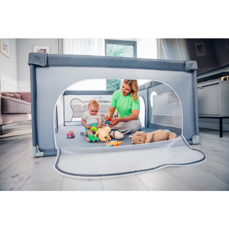 Lionelo - Tarc de joaca Willow, Pliere compacta, Include sacosa depozitare, Din plasa, Cu doua intrari laterale, Cu fermoar, Cu ventuze, Gri