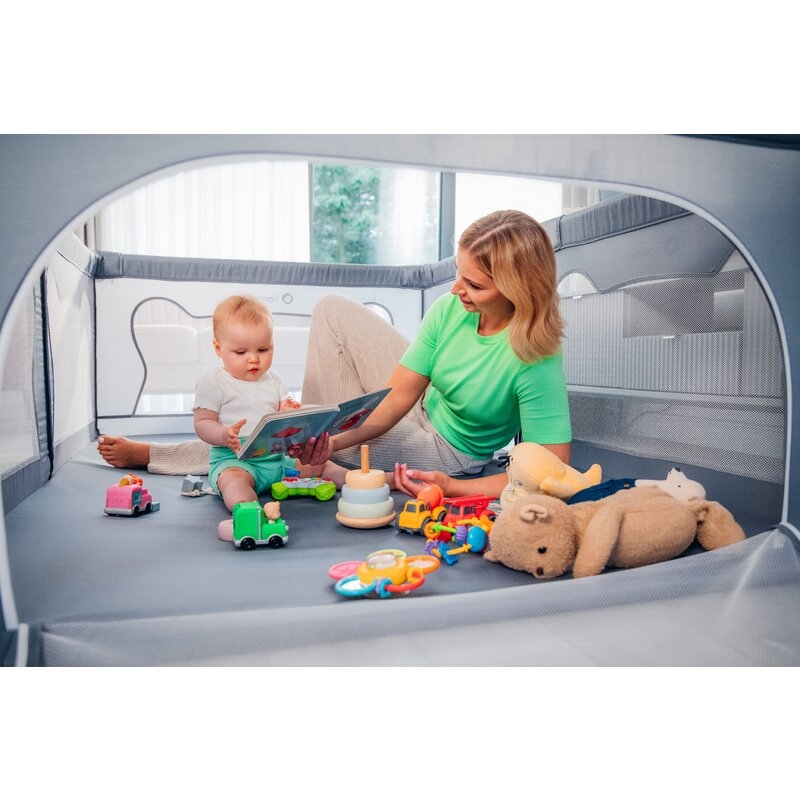 Lionelo - Tarc de joaca Willow, Pliere compacta, Include sacosa depozitare, Din plasa, Cu doua intrari laterale, Cu fermoar, Cu ventuze, Gri