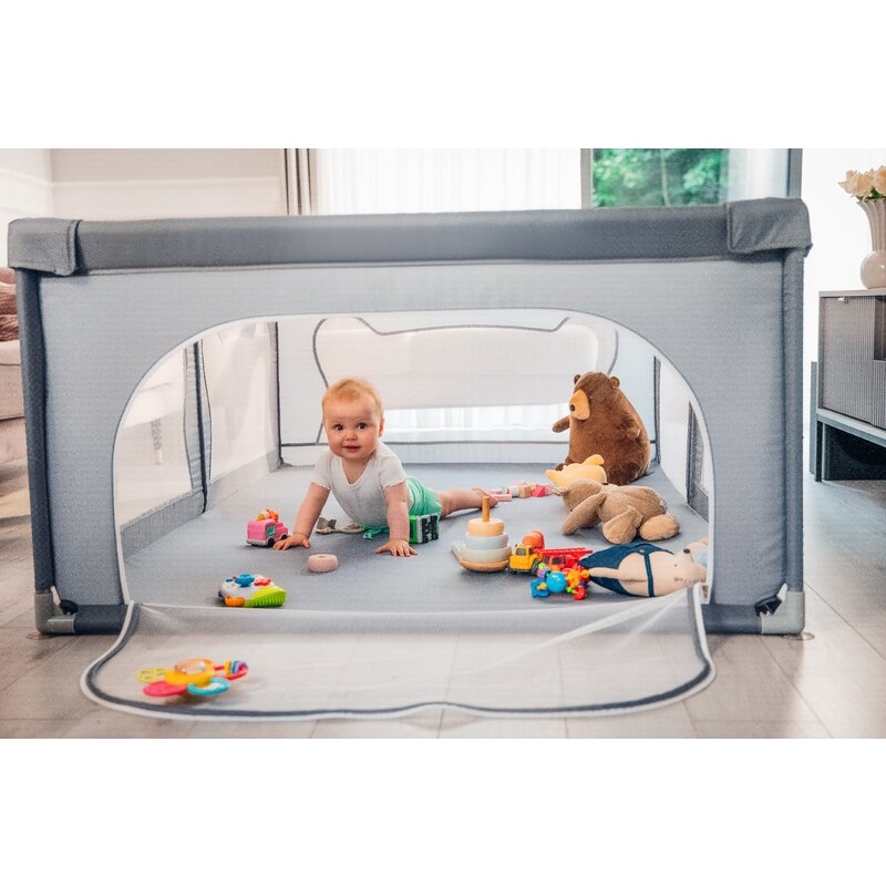 Lionelo - Tarc de joaca Willow, Pliere compacta, Include sacosa depozitare, Din plasa, Cu doua intrari laterale, Cu fermoar, Cu ventuze, Gri