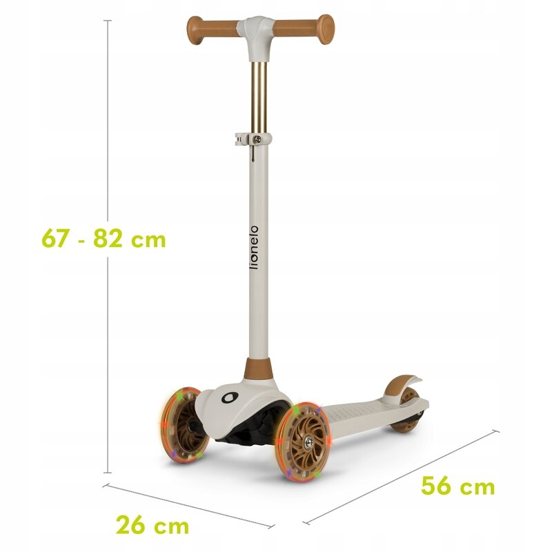 Lionelo - Trotineta pentru copii, Jessy, Pliabila, Pana la 50 Kg, Cu design ergonomic, Cu lumini LED, 56 x 26 x 67-82 cm, 3 ani+, Maro