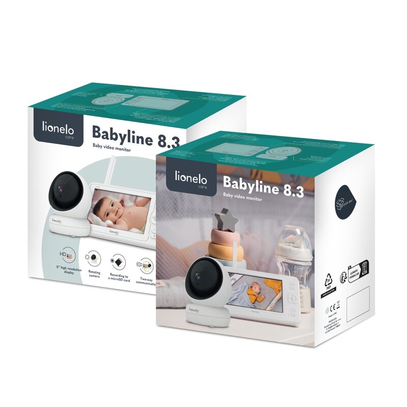 Lionelo - Videofon Babyline 8.3, Cu termometru, Cu melodii, Comunicare in 2 sensuri, Rotire 360 grade, Alb