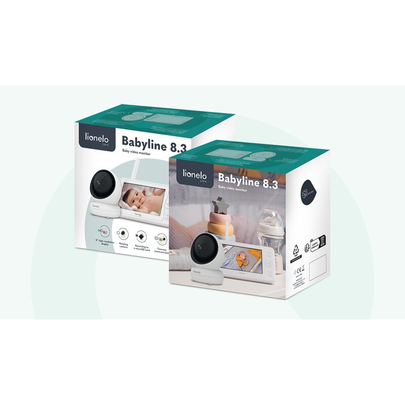 Lionelo - Videofon Babyline 8.3, Cu termometru, Cu melodii, Comunicare in 2 sensuri, Rotire 360 grade, Alb
