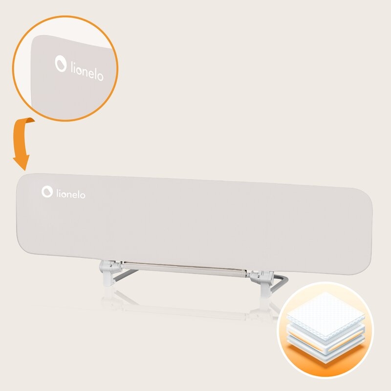 Bariera de protectie pentru pat, Lionelo, Lora XL, Pliabila, Sistem de blocare StandSafe, Geanta de transport inclusa, 150x46 cm, Conform cu BS 7972:2001+A1:2009, Bej