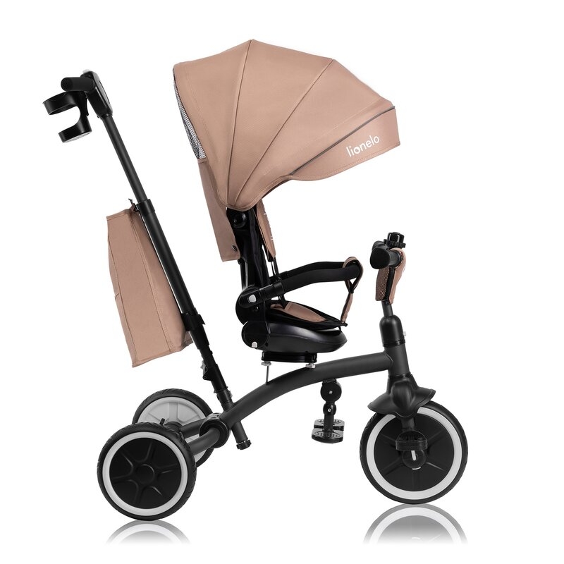 Tricicleta copii, Lionelo, Tris Plus, Ultrapliabila, Multifunctionala, Pana la 25 kg, Inclinare spatar in fata si in spate, Suport picioare, Control al directiei, Scaun reversibil, Rotire 360 grade, Conform cu EN71, 9 luni-5 ani, Bej