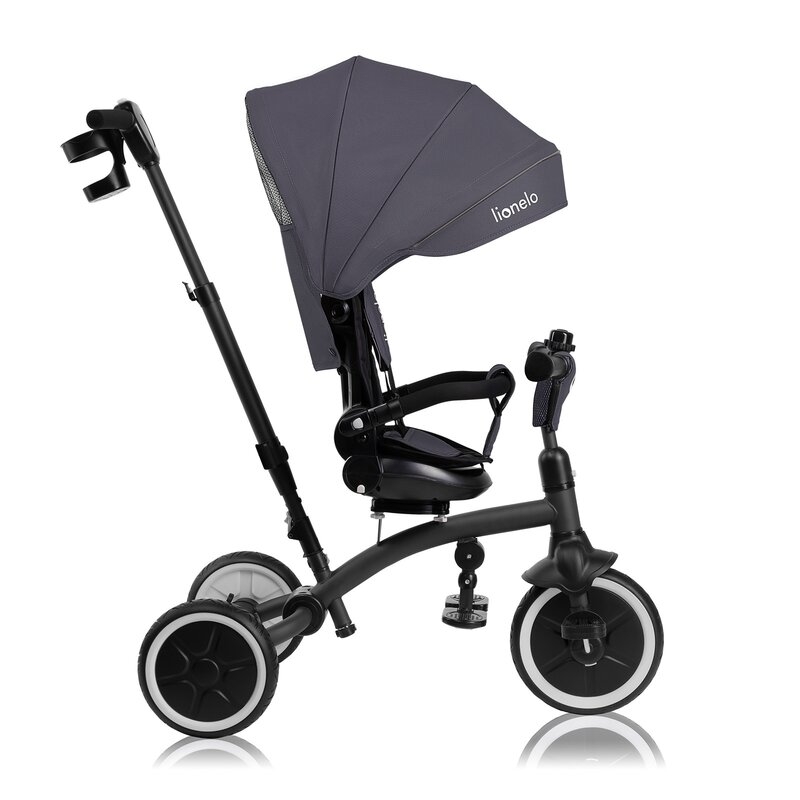 Tricicleta copii, Lionelo, Tris Plus, Ultrapliabila, Multifunctionala, Pana la 25 kg, Inclinare spatar in fata si in spate, Suport picioare, Control al directiei, Scaun reversibil, Rotire 360 grade, Conform cu EN71, 9 luni-5 ani, Gri