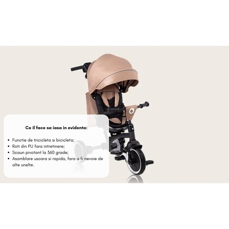 Tricicleta copii, Lionelo, Tris Plus, Ultrapliabila, Multifunctionala, Pana la 25 kg, Inclinare spatar in fata si in spate, Suport picioare, Control al directiei, Scaun reversibil, Rotire 360 grade, Conform cu EN71, 9 luni-5 ani, Gri