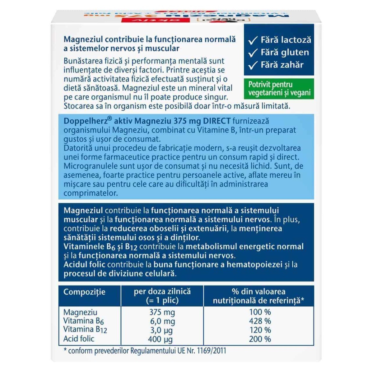 Aktiv Magneziu 375 mg Direct + Vitaminele B6 + B12 + Acid folic, 20 plicuri, Doppelherz