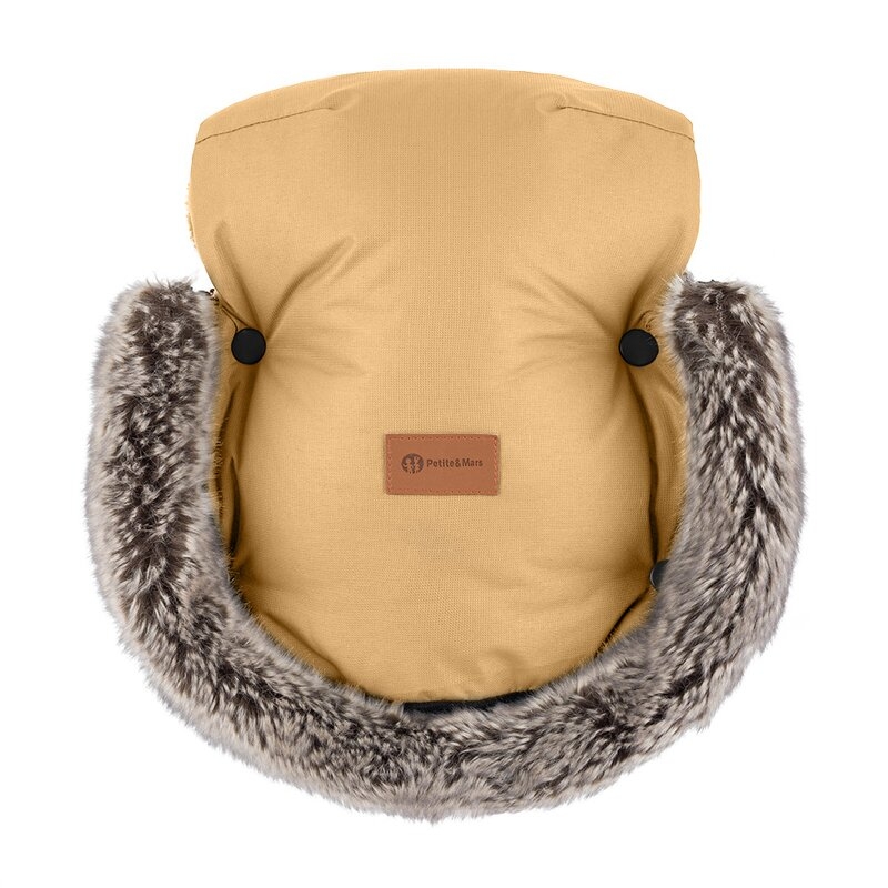 Manusi calduroase pentru carucior, Petite&Mars, Furry, Cu blanita detasabila, Pentru vremea rece, Potrivite pentru orice carucior, Impermeabile, Inchidere prin capse, Elegant Caramel