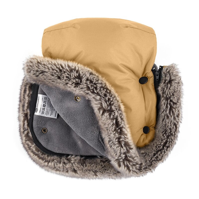 Manusi calduroase pentru carucior, Petite&Mars, Furry, Cu blanita detasabila, Pentru vremea rece, Potrivite pentru orice carucior, Impermeabile, Inchidere prin capse, Elegant Caramel