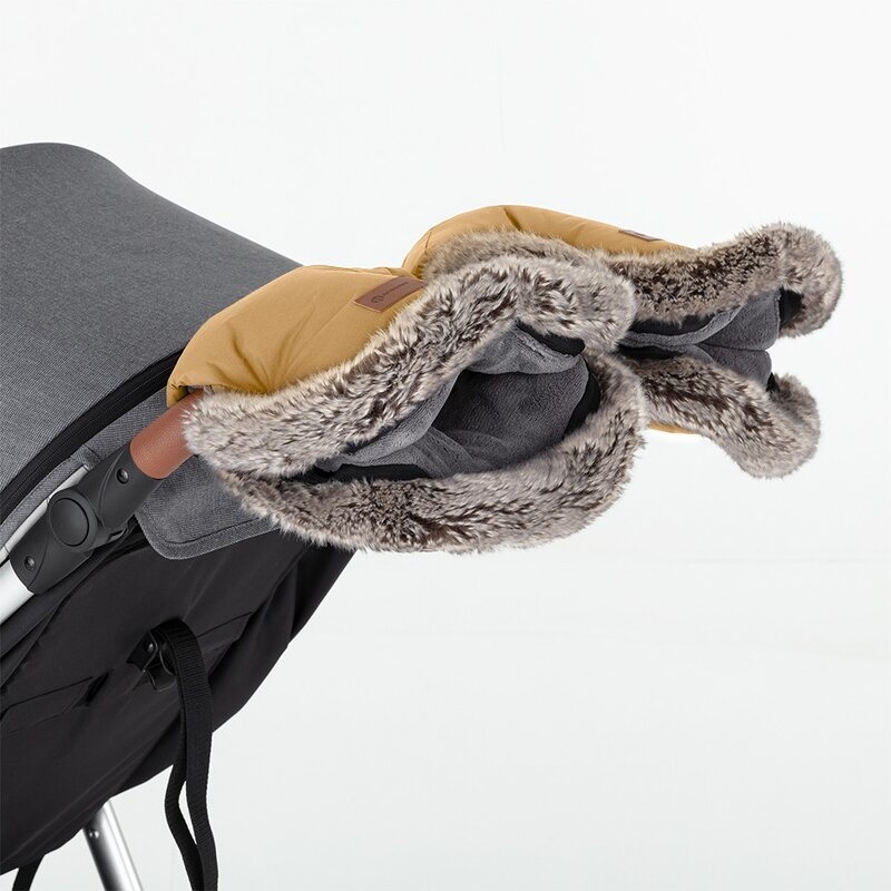 Manusi calduroase pentru carucior, Petite&Mars, Furry, Cu blanita detasabila, Pentru vremea rece, Potrivite pentru orice carucior, Impermeabile, Inchidere prin capse, Elegant Caramel
