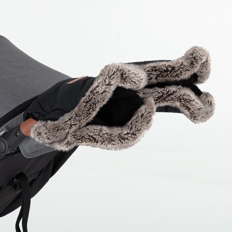 Manusi calduroase pentru carucior, Petite&Mars, Furry, Cu blanita detasabila, Pentru vremea rece, Potrivite pentru orice carucior, Impermeabile, Inchidere prin capse, Forever Black