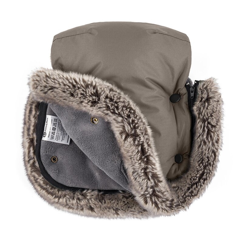 Manusi calduroase pentru carucior, Petite&Mars, Furry, Cu blanita detasabila, Pentru vremea rece, Potrivite pentru orice carucior, Impermeabile, Inchidere prin capse, Mocha Mousse