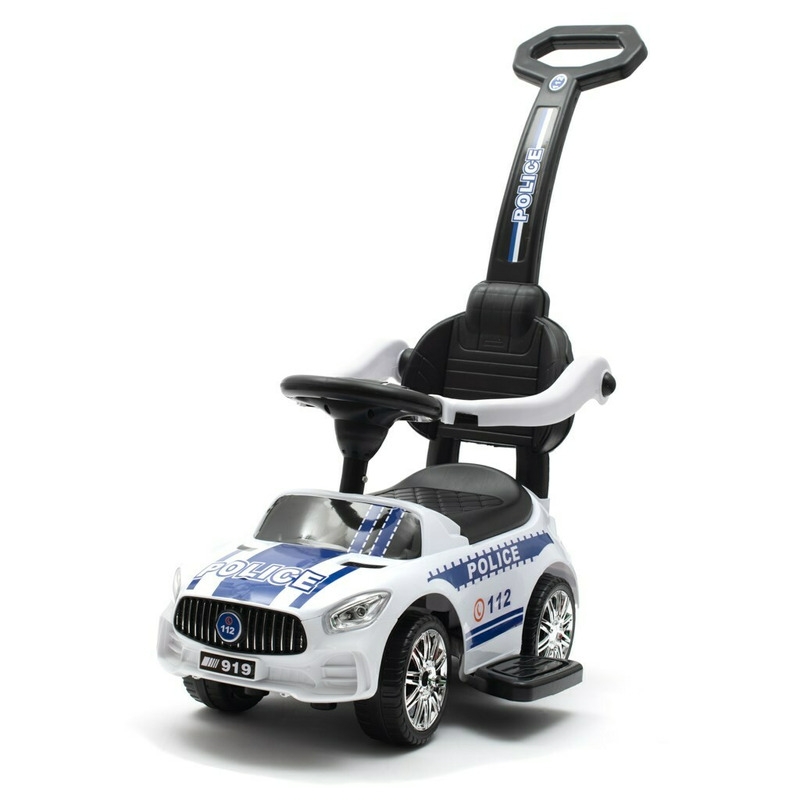 Masinuta de impins Police, Cu maner de impins detasabil, Cu protectii laterale, Cu melodii si claxon, Cu suport jucarii sub sezut, Baby Mix