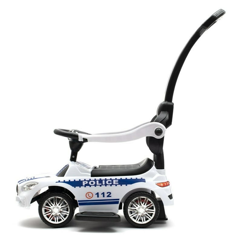 Masinuta de impins Police, Cu maner de impins detasabil, Cu protectii laterale, Cu melodii si claxon, Cu suport jucarii sub sezut, Baby Mix