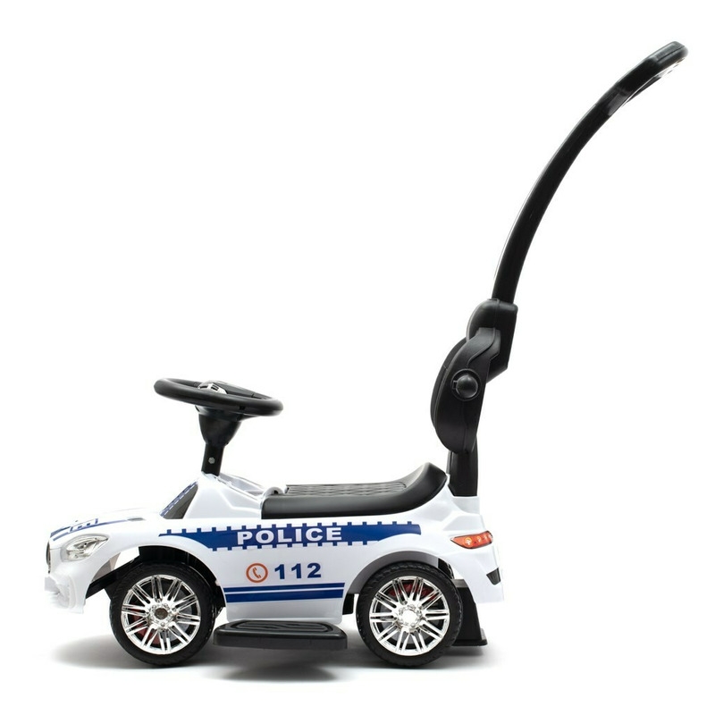 Masinuta de impins Police, Cu maner de impins detasabil, Cu protectii laterale, Cu melodii si claxon, Cu suport jucarii sub sezut, Baby Mix