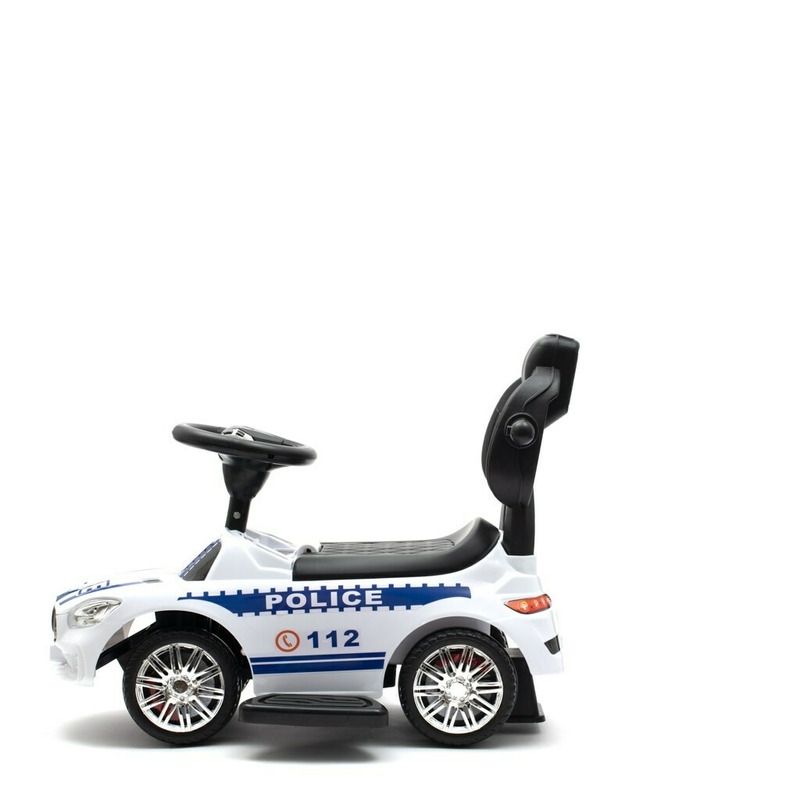 Masinuta de impins Police, Cu maner de impins detasabil, Cu protectii laterale, Cu melodii si claxon, Cu suport jucarii sub sezut, Baby Mix