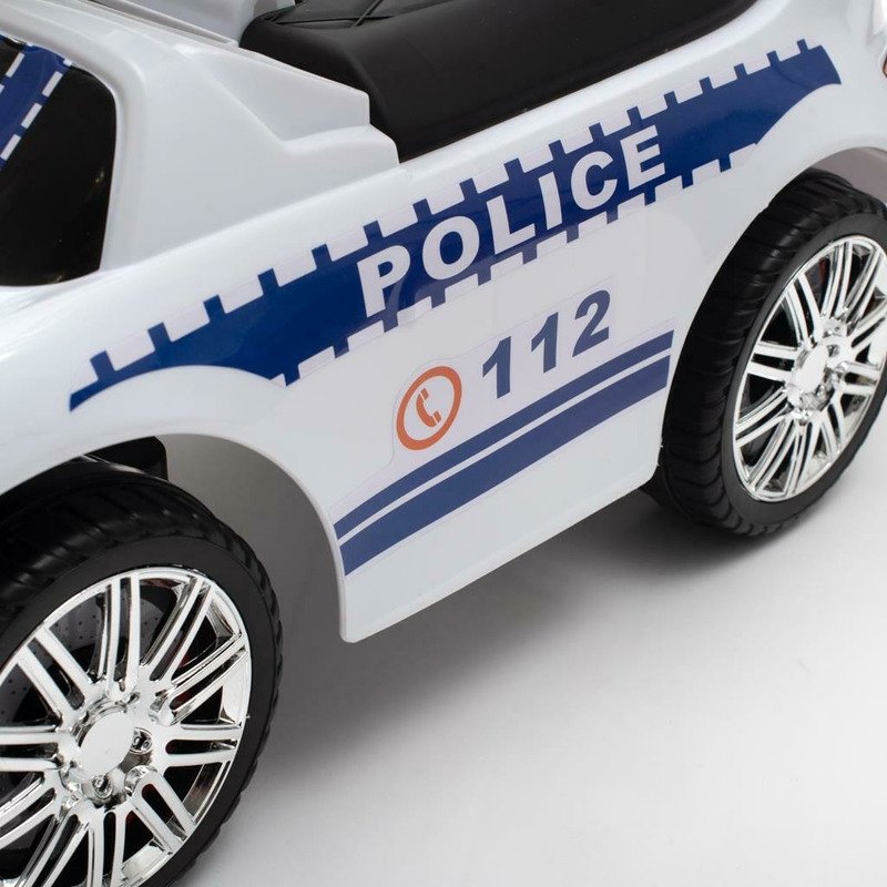 Masinuta de impins Police, Cu maner de impins detasabil, Cu protectii laterale, Cu melodii si claxon, Cu suport jucarii sub sezut, Baby Mix