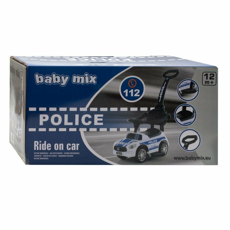 Masinuta de impins Police, Cu maner de impins detasabil, Cu protectii laterale, Cu melodii si claxon, Cu suport jucarii sub sezut, Baby Mix