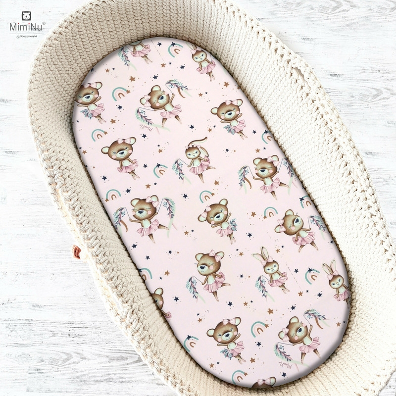 MimiNu - Cearceaf cu elastic pentru landou, carucior si cosulet, Dimensiune 80x35 cm, Din bumbac certificat Oeko Tex Standard 100, Design, Little Ballerina Pink