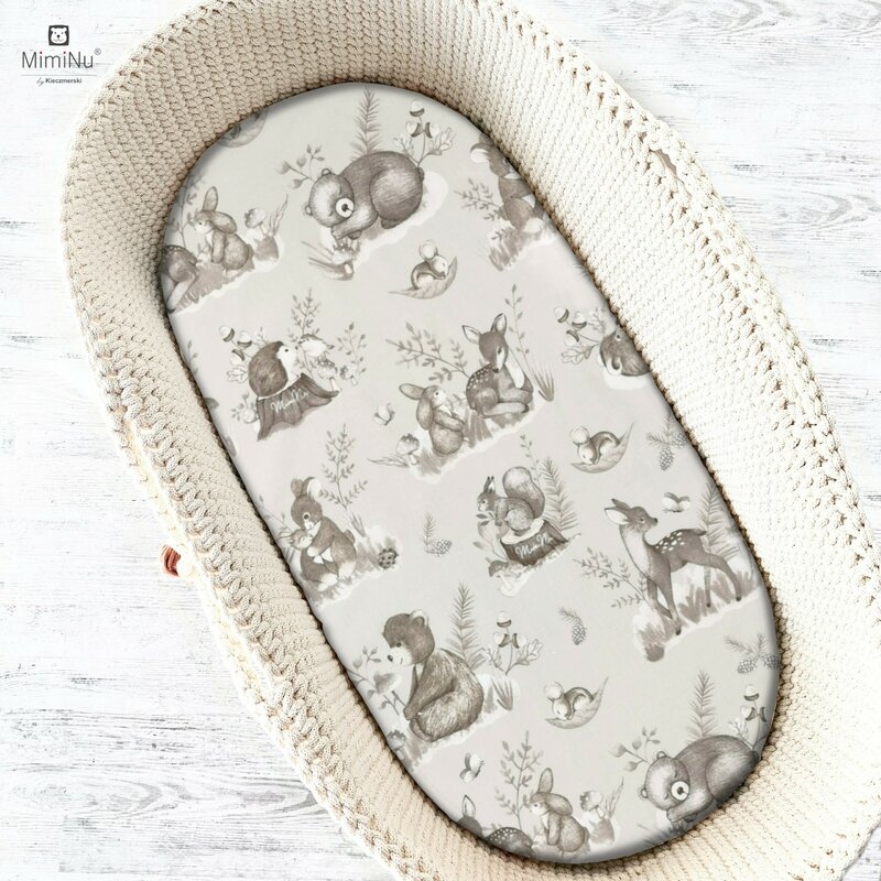 MimiNu - Cearceaf cu elastic pentru landou, carucior si cosulet, Dimensiune 80x45 cm, Din bumbac, Design, Calm Forest Beige
