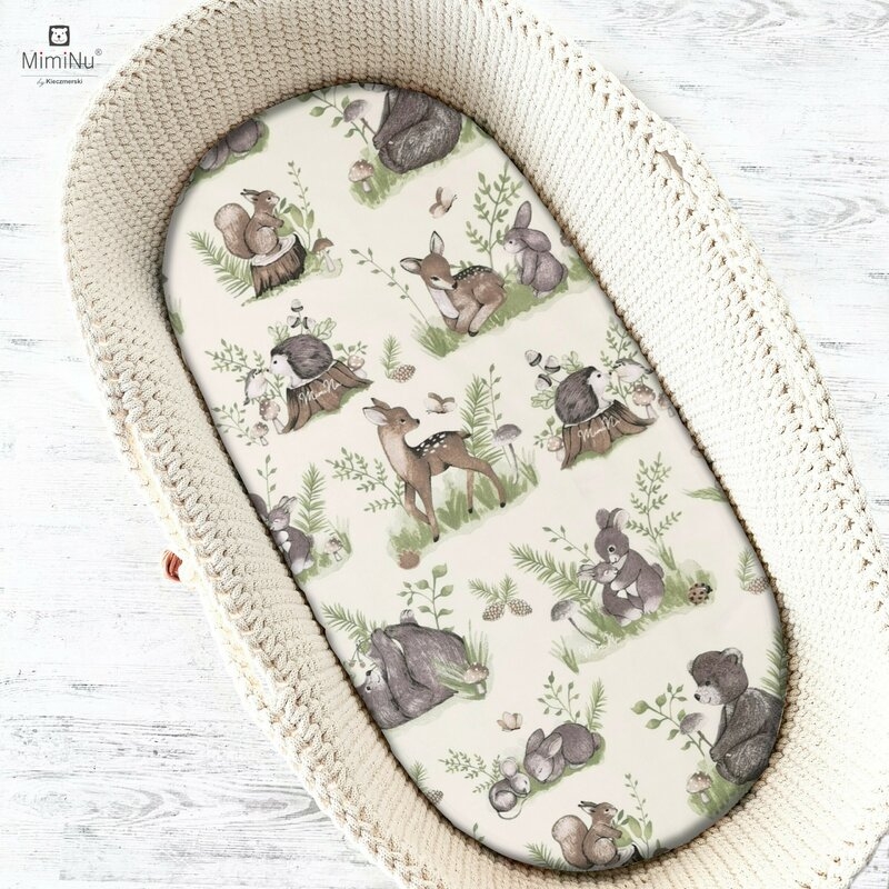 MimiNu - Cearceaf cu elastic pentru landou, carucior si cosulet, Dimensiune 80x45 cm, Din bumbac, Design, Calm Forest Natural
