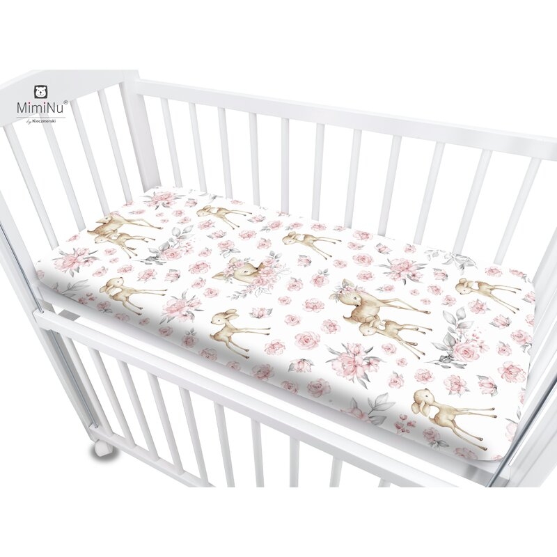 MimiNu - Cearceaf cu elastic pentru patut co-sleeper, Luna, Dimensiune 84.5 x 50.5 cm, Din bumbac certificat Oeko Tex Standard 100, Sweet Deer Pink
