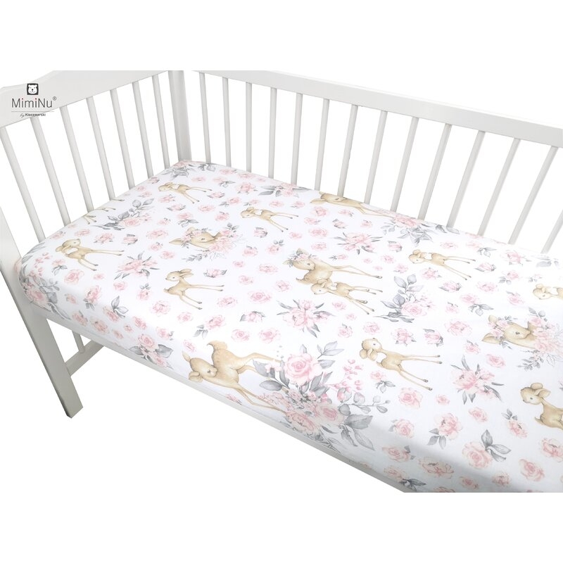 MimiNu - Cearceaf cu elastic pentru patut leagan sau patut co-sleeper, Dimensiune 90x40 cm, Din bumbac, Sweet Deer Pink 