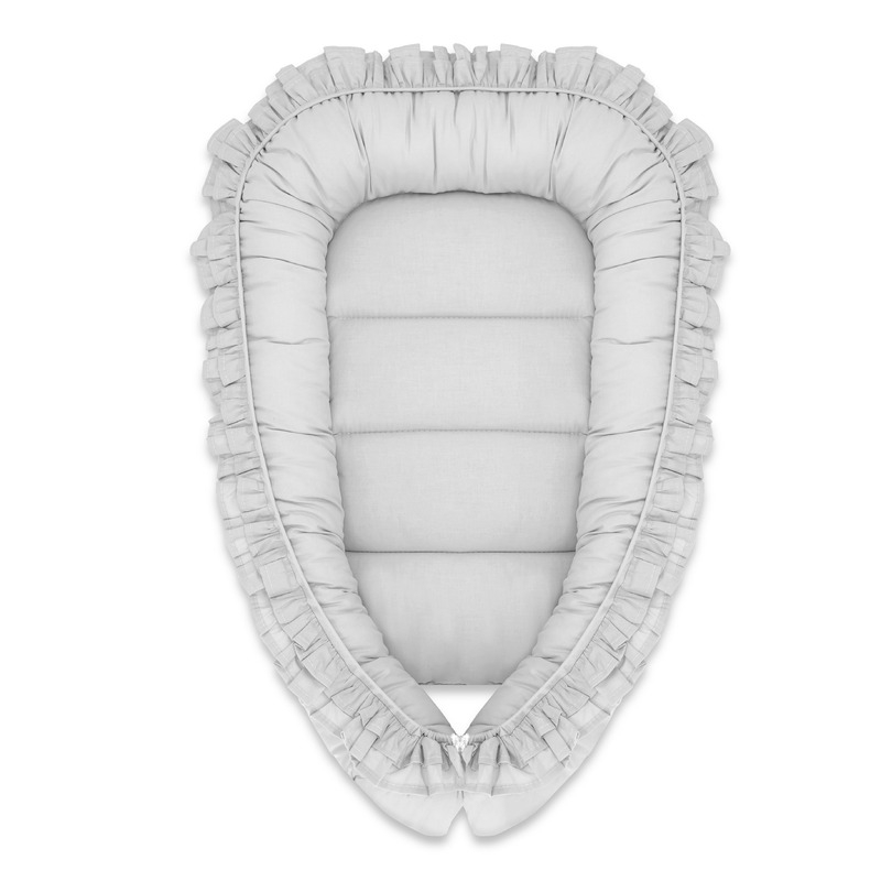 MimiNu - Cosulet bebelus pentru dormit, Baby Nest 55 x 75 cm, Cu Volanase, Husa 100% bumbac, Din bumbac certificat Oeko Tex Standard 100, Colectia Royal, Grey