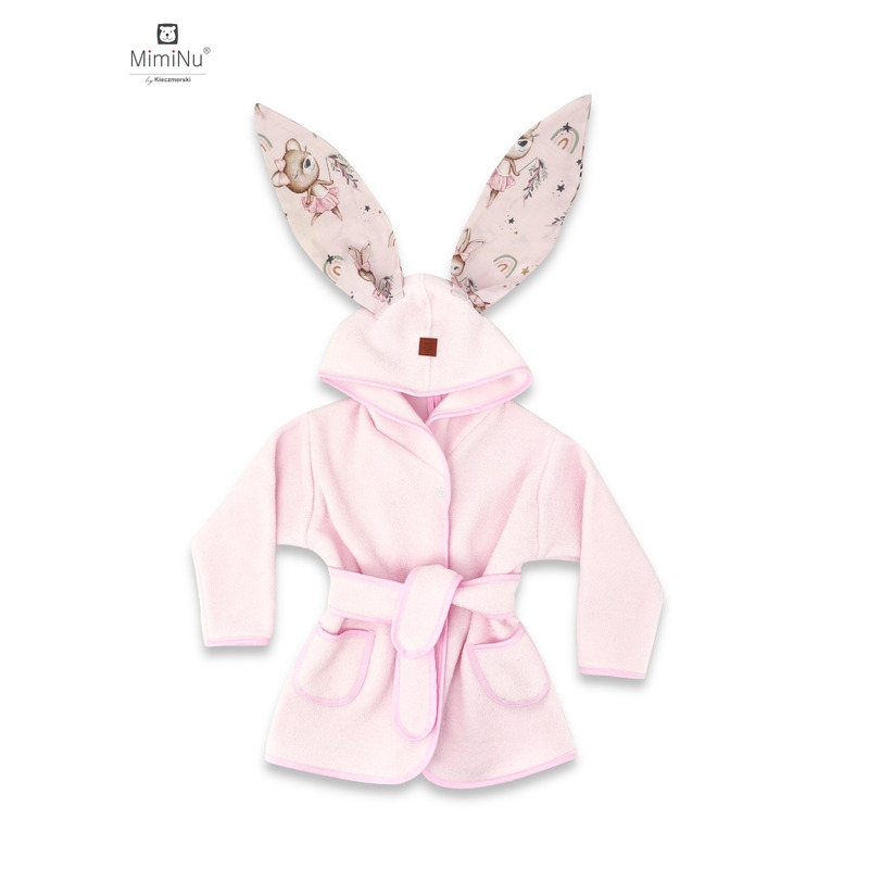 MimiNu - Halat de baie cu urechi 6 - 24 luni, Moale, Cu buzunare, Cu cordon, Din bumbac si thermo fleece, Materiale certificate Oeko Tex Standard 100, Design, Little Ballerina Pink