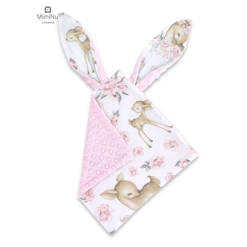 MimiNu - Jucarie textila senzoriala, Moale, Cu doua fete, 30 x 30 cm, Din tesatura minky si bumbac, Materiale certificate Oeko Tex Standard 100, Minky Sweet Deer Pink