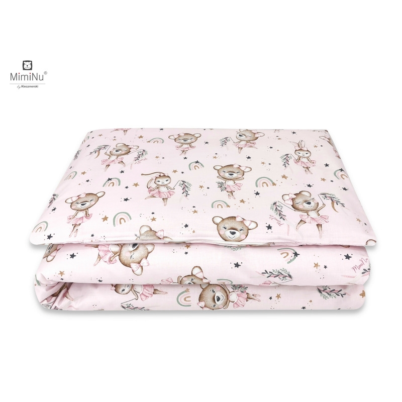 MimiNu - Lenjerie patut 3 piese, Cu protectie laterala, Din bumbac certificat Oeko Tex Standard 100, Pentru patut 120x60 cm, Design, Little Ballerina Pink