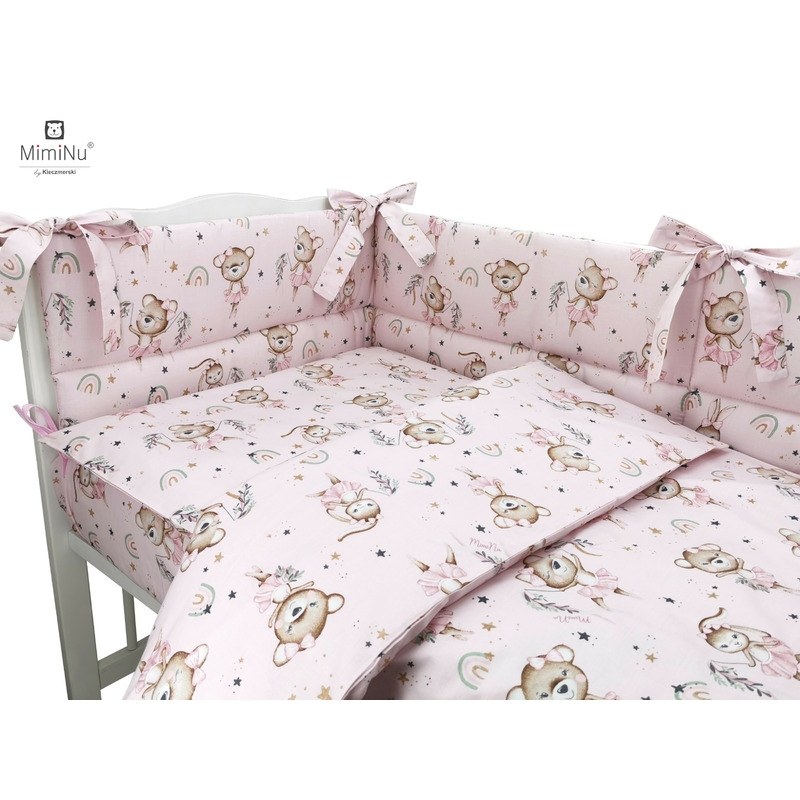 MimiNu - Lenjerie patut 3 piese, Cu protectie laterala, Din bumbac certificat Oeko Tex Standard 100, Pentru patut 120x60 cm, Design, Little Ballerina Pink