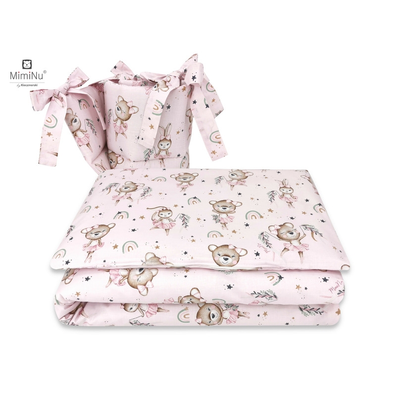 MimiNu - Lenjerie patut 3 piese, Cu protectie laterala, Din bumbac certificat Oeko Tex Standard 100, Pentru patut 120x60 cm, Design, Little Ballerina Pink