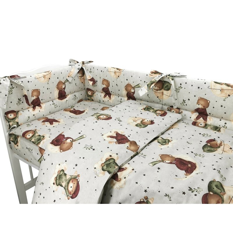 MimiNu - Lenjerie patut 3 piese, Cu protectie laterala, Din bumbac certificat Oeko Tex Standard 100, Pentru patut 120x60 cm, Teddy Bear On Moon
