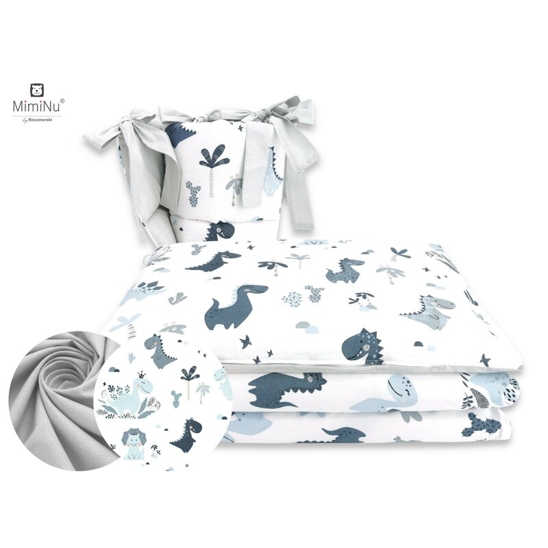 MimiNu - Lenjerie patut 3 piese, Cu protectie laterala, Dino Granat, Din bumbac, Pentru patut 120x60 cm