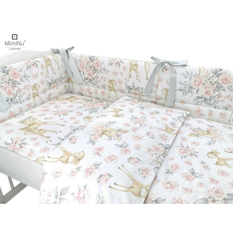Lenjerie patut cu 4 piese, Cu doua protectii laterale, Sweet Deer Pink, Din bumbac, Pentru patut 120x60 cm, MimiNu