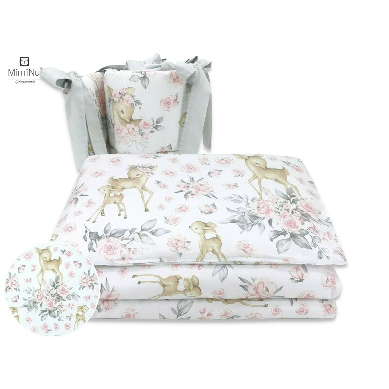 Lenjerie patut cu 4 piese, Cu doua protectii laterale, Sweet Deer Pink, Din bumbac, Pentru patut 120x60 cm, MimiNu